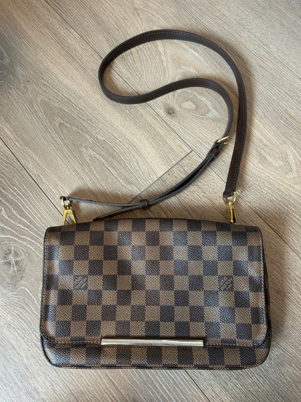 Louis Vuitton Brown Checkered Crossbody Bag with Gold Hardware